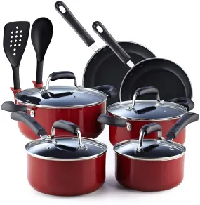 Cook N Home Pots and Pans Nonstick Cookware Set 12-Piece, Kitchen Cooking Set with Frying Pans and Saucepans, Induction Compatible, Marble Red