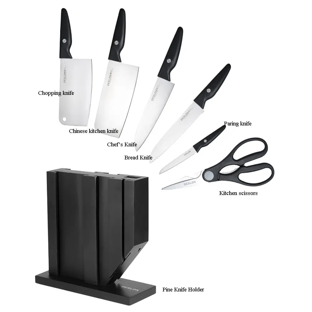 Deslon Lecco Premium 7 pieces Stainless steel knife block set pine wood stand