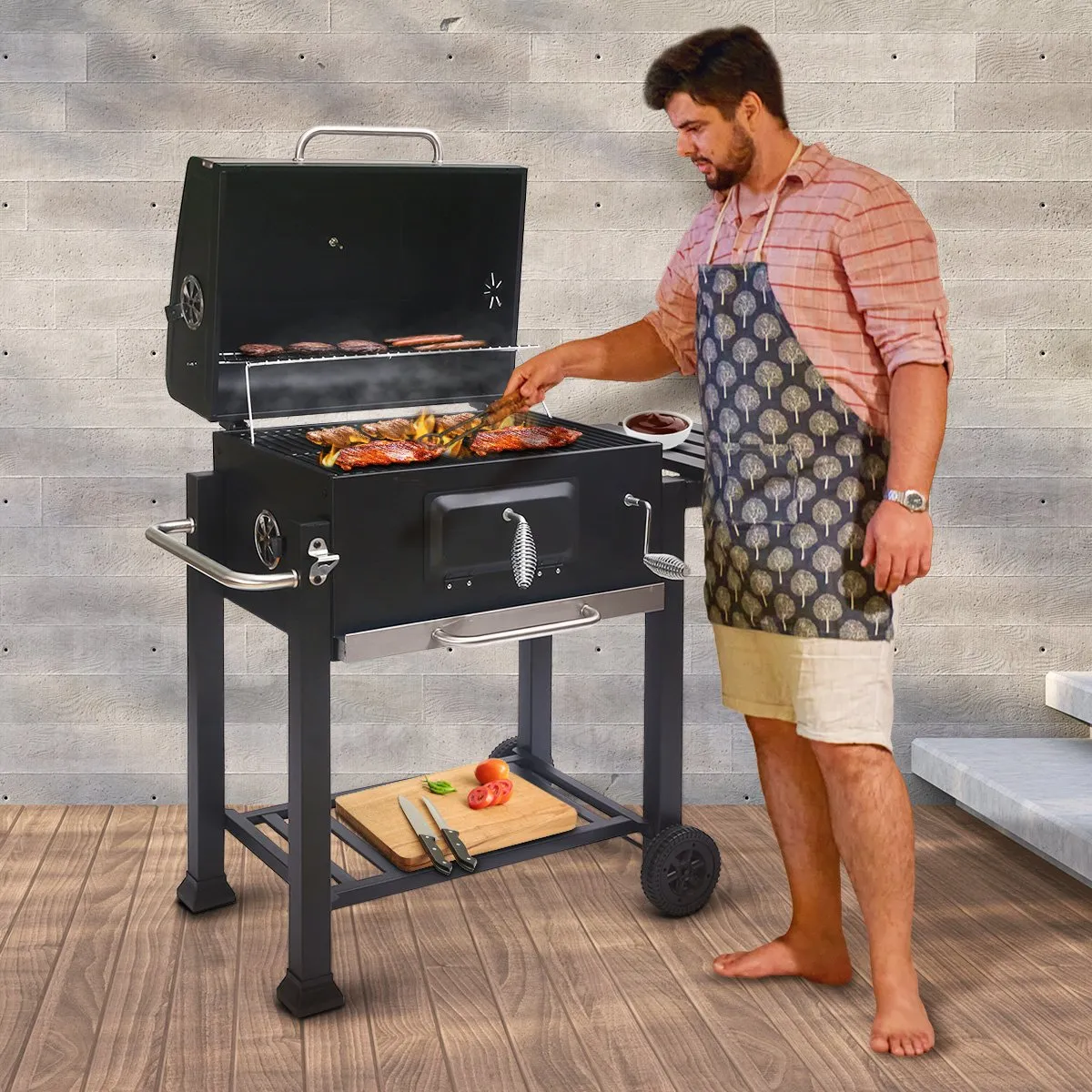 Heavy-Duty Steel Outdoor BBQ Grill w/Side Table & Vents