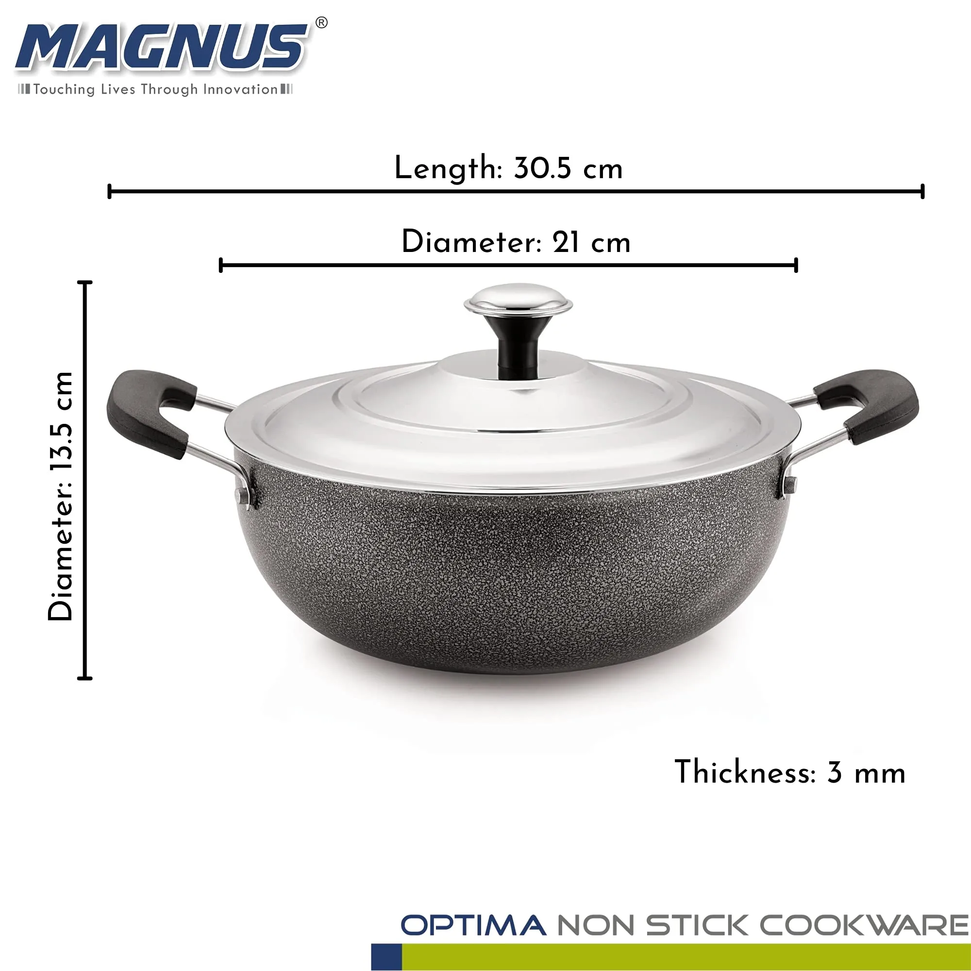 Magnus Optima Non-Stick Aluminum Deep Kadai with Stainless Steel Lid, 2 Litres, Hammertone Finish,(Black & Grey)