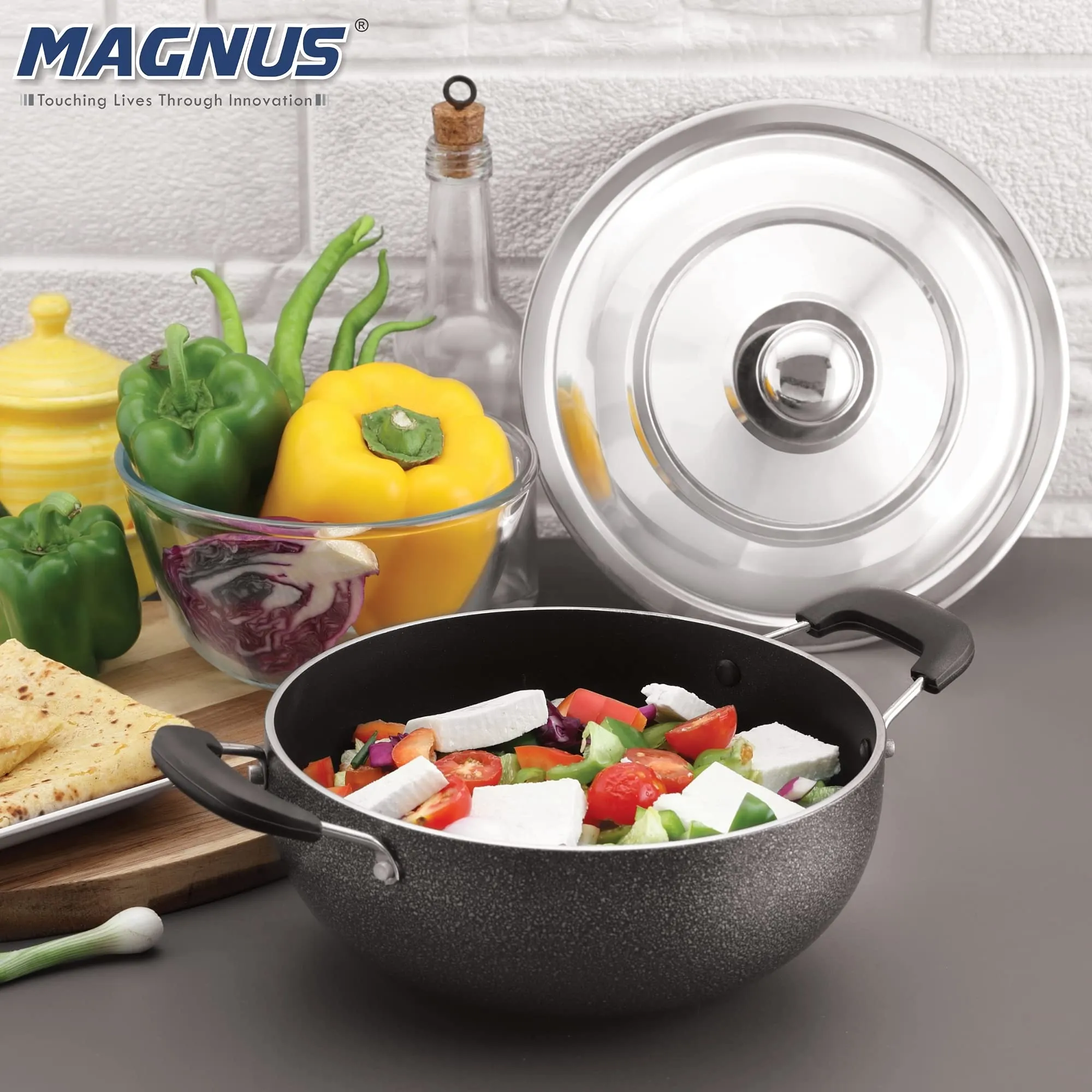 Magnus Optima Non-Stick Aluminum Deep Kadai with Stainless Steel Lid, 2 Litres, Hammertone Finish,(Black & Grey)