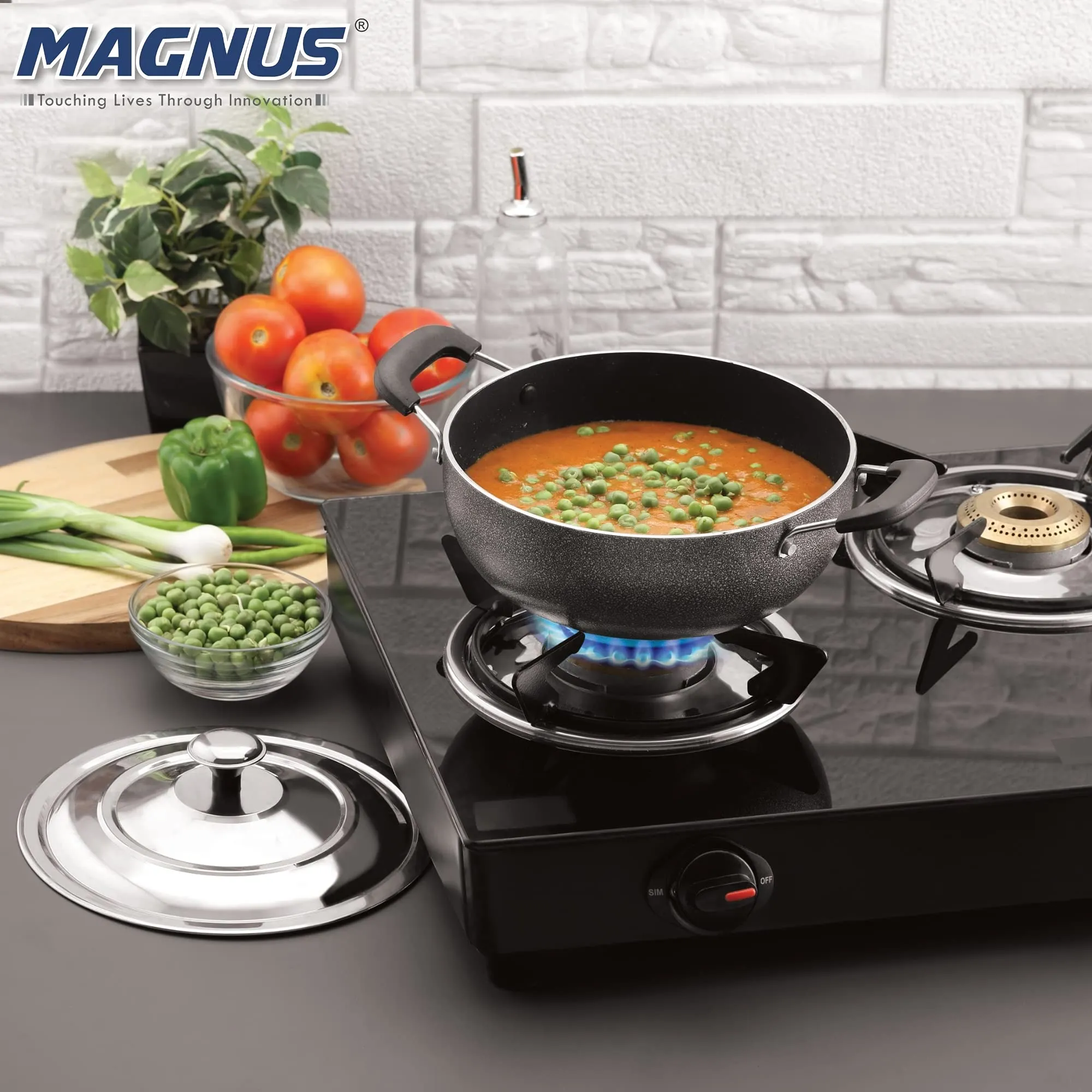 Magnus Optima Non-Stick Aluminum Deep Kadai with Stainless Steel Lid, 2 Litres, Hammertone Finish,(Black & Grey)