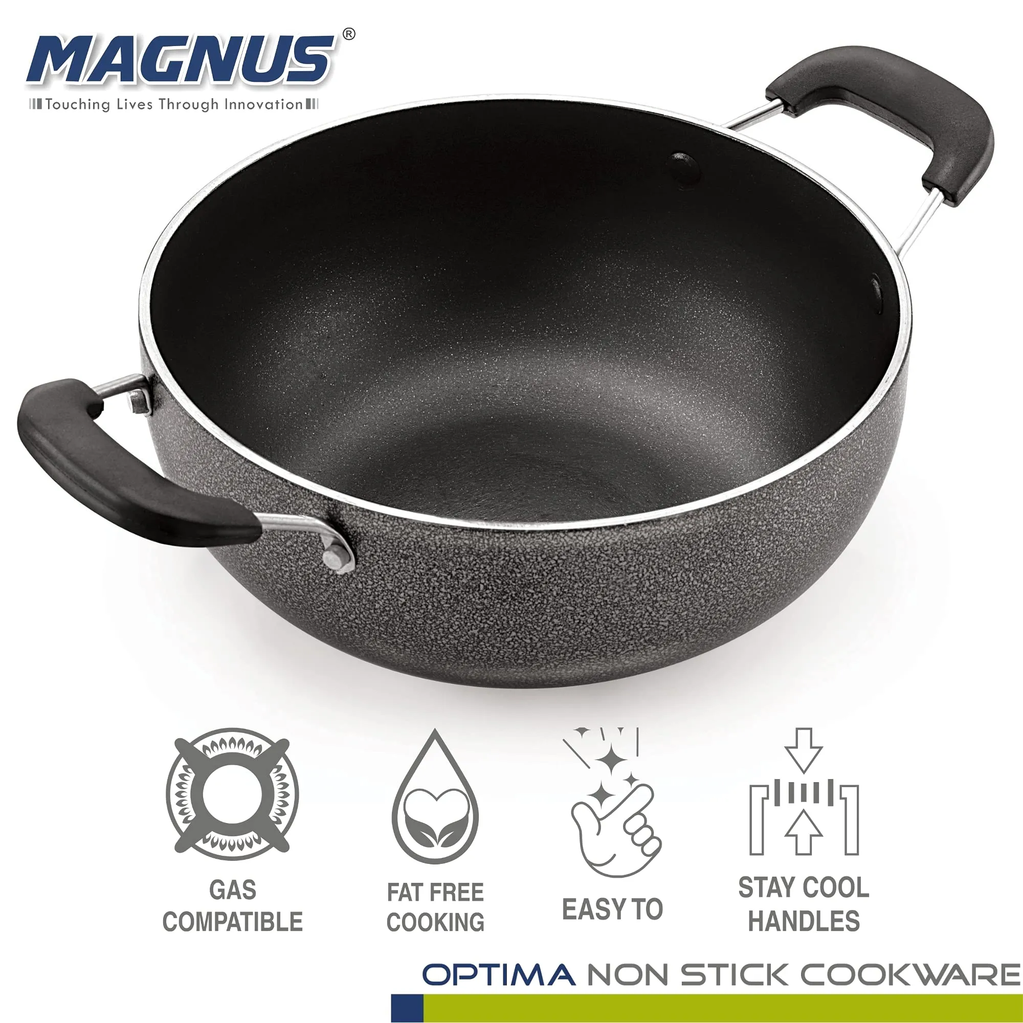 Magnus Optima Non-Stick Aluminum Deep Kadai with Stainless Steel Lid, 2 Litres, Hammertone Finish,(Black & Grey)