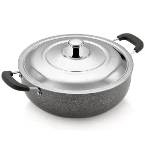 Magnus Optima Non-Stick Aluminum Deep Kadai with Stainless Steel Lid, 2.5 Litres, Hammertone Finish,(Black & Grey)