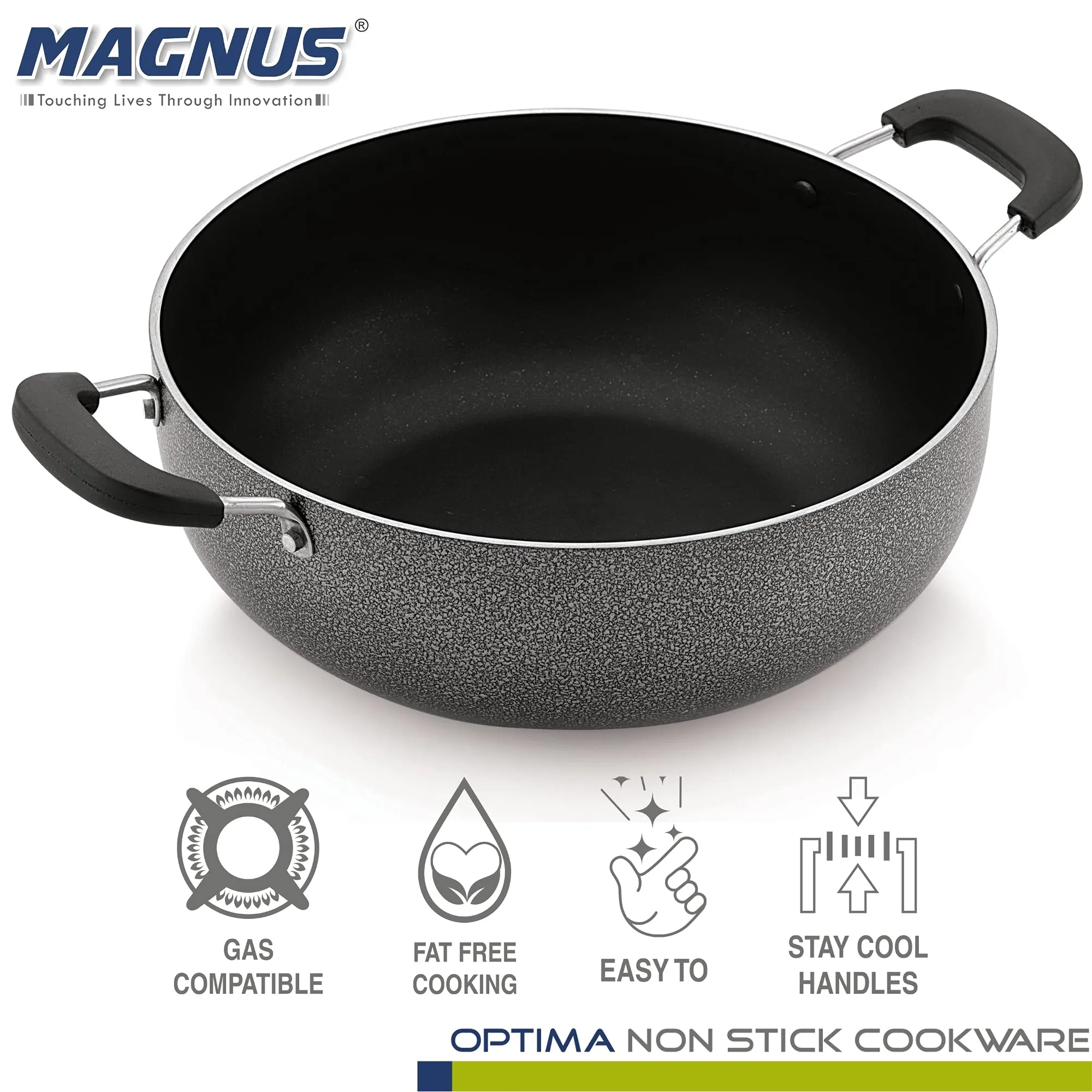 Magnus Optima Non-Stick Aluminum Deep Kadai with Stainless Steel Lid, 2.5 Litres, Hammertone Finish,(Black & Grey)