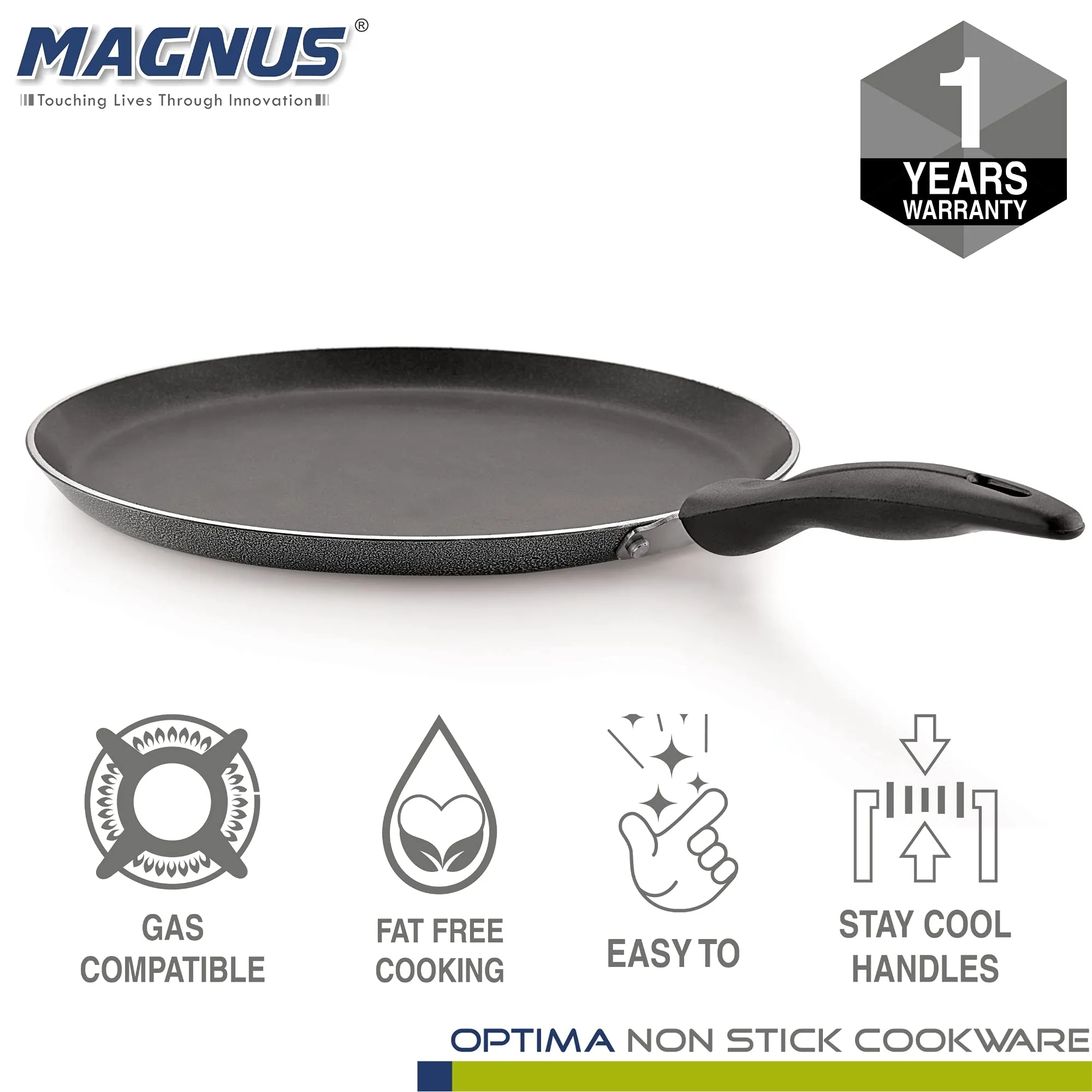 Magnus Optima Non-Stick Aluminum Dosa/Roti Tawa, Gas Stove Compatible,240 mm, 3 mm Thickness, (Grey & Black))