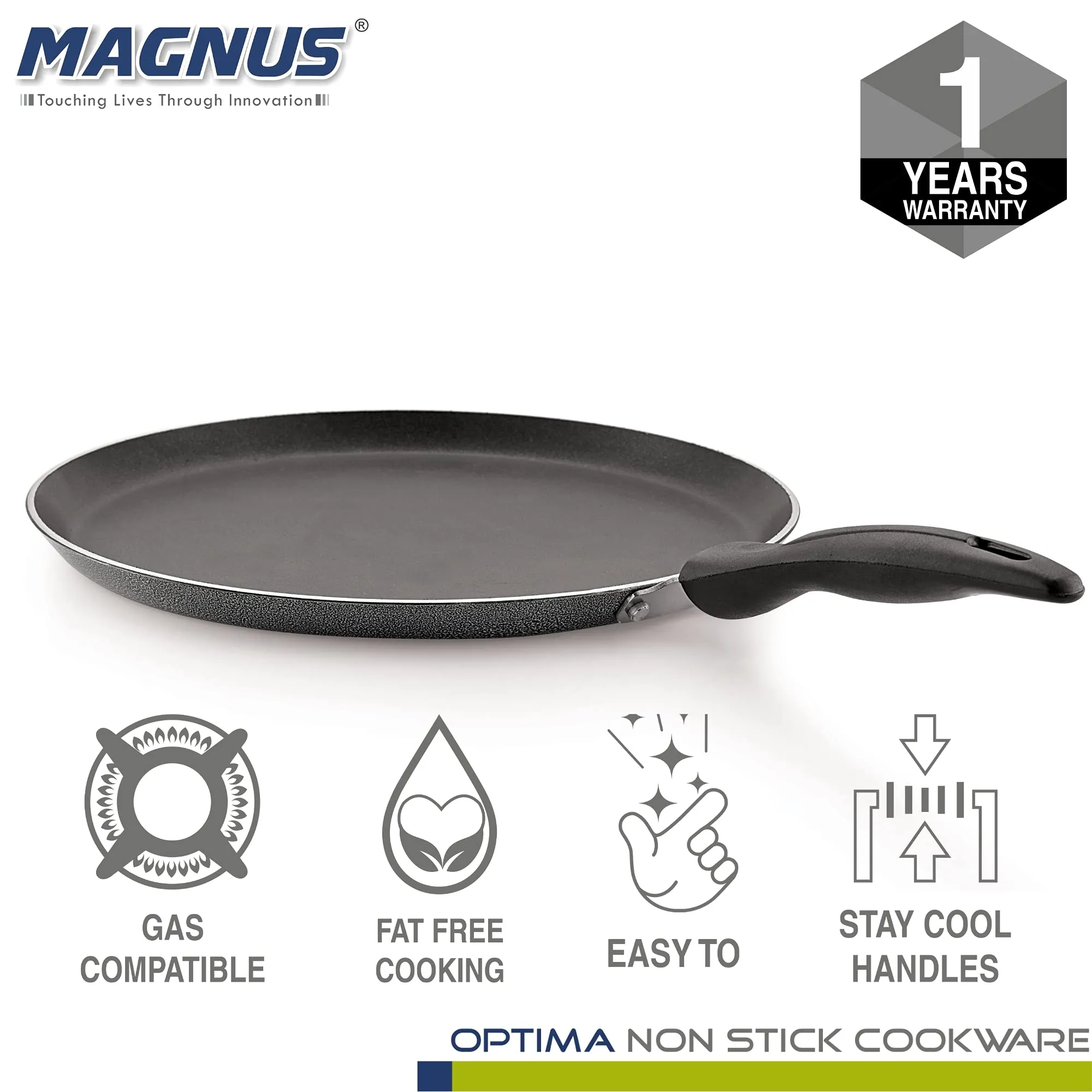 Magnus Optima Non-Stick Aluminum Dosa/Roti Tawa, Gas Stove Compatible,300 mm, 3 mm Thickness, (Grey & Black)