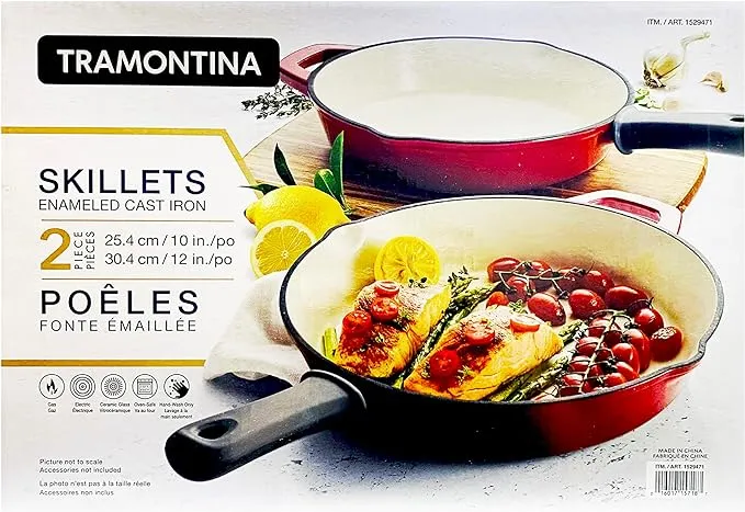 Tramontina Enameled Cast Iron Skillets, Pack of 2 Set - 10 & 12 Inches