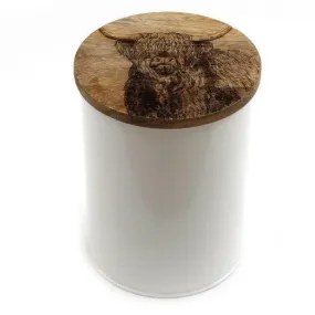 White Metal Canister With Engraved Wooden Highland Cow Lid - Various Sizes