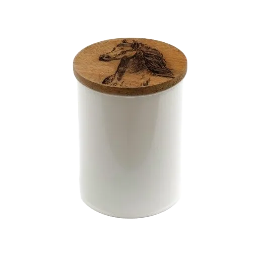 White Metal Canister With Engraved Wooden Horse Lid - Various Sizes