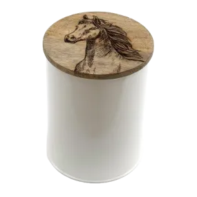 White Metal Canister With Engraved Wooden Horse Lid - Various Sizes