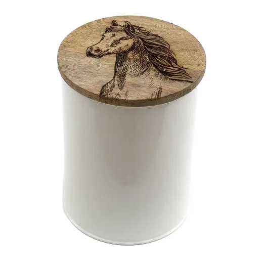 White Metal Canister With Engraved Wooden Horse Lid - Various Sizes